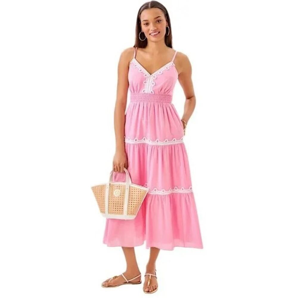 Lilly Pulitzer Zanna Cotton Embroidered Lined Midi Dress in Conch Shell Pink 2
